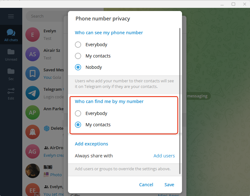 who can find me by phone number on Telegram