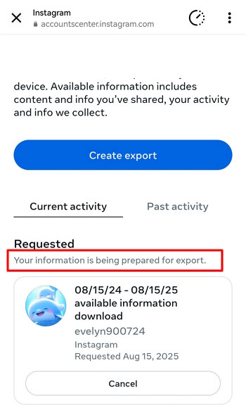 you will see Your Information is being prepared for export