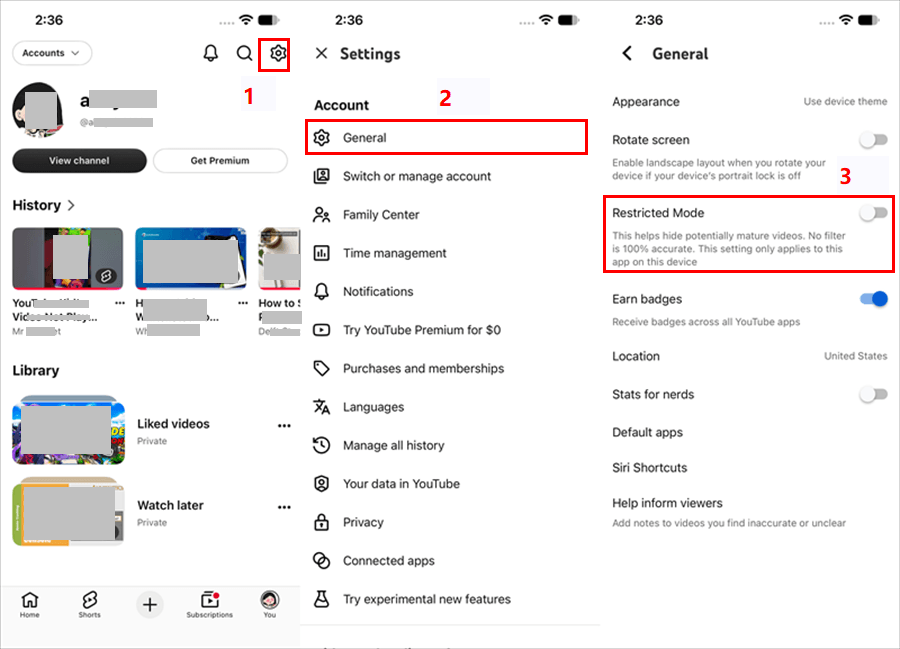 Enabling Restricted Mode setting inside the YouTube mobile app