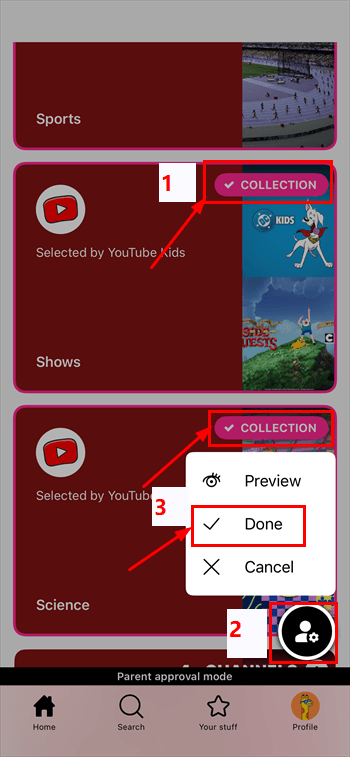 Selecting and approving collections, channels, and individual videos on YouTube Kids and clicking the Done button