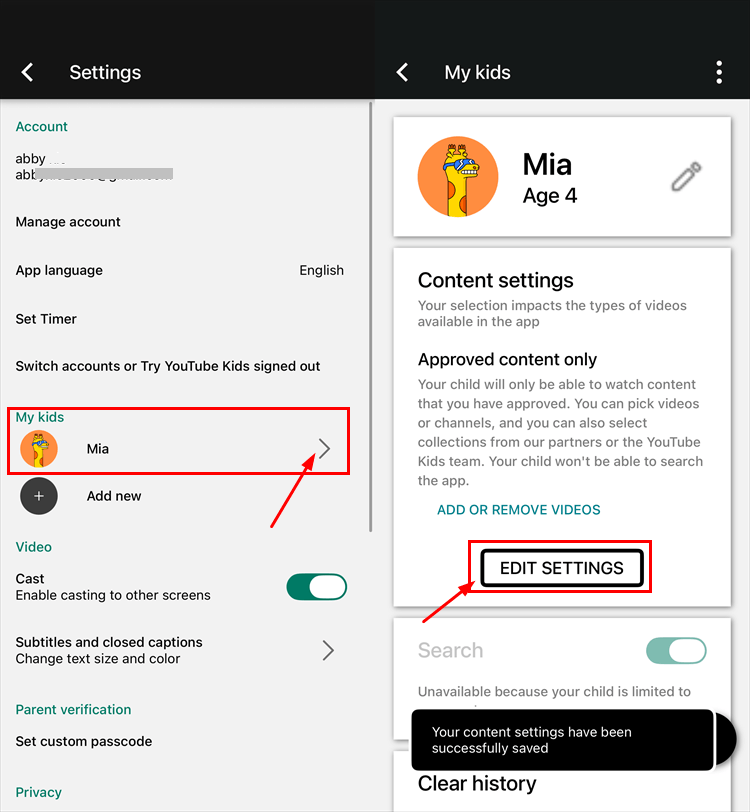 YouTube Kids parent settings showing child profile edit option