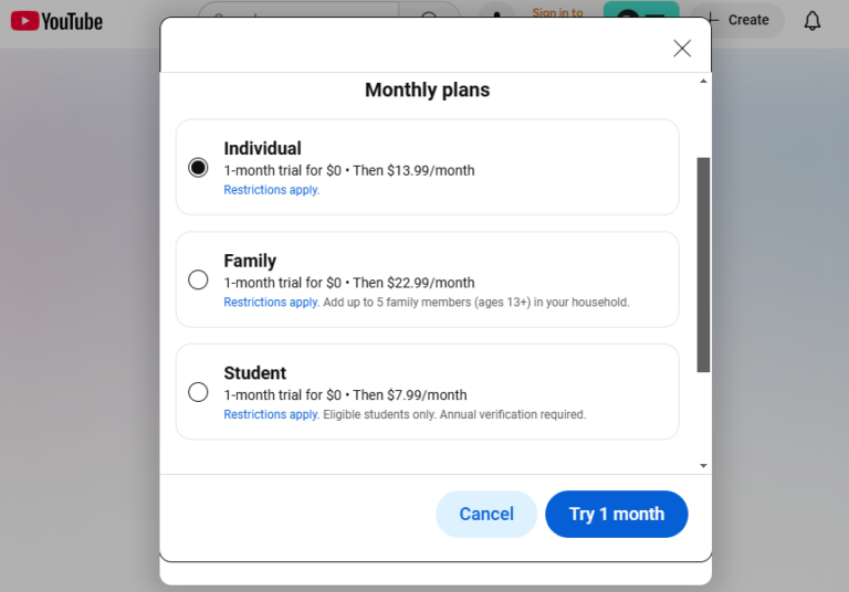 YouTube Premium pricing