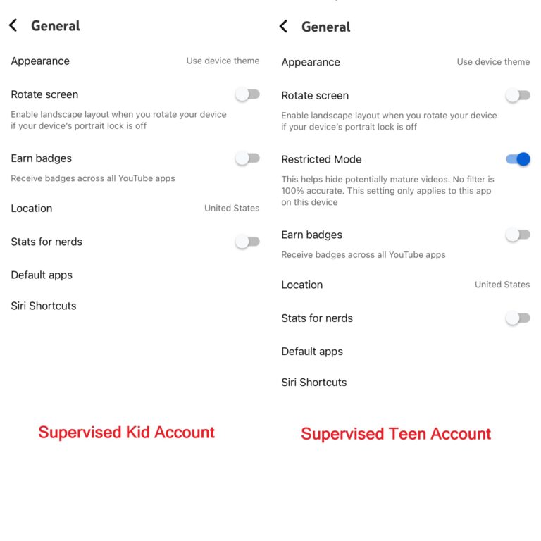 youtube restricted mode supervised kid vs supervised teen