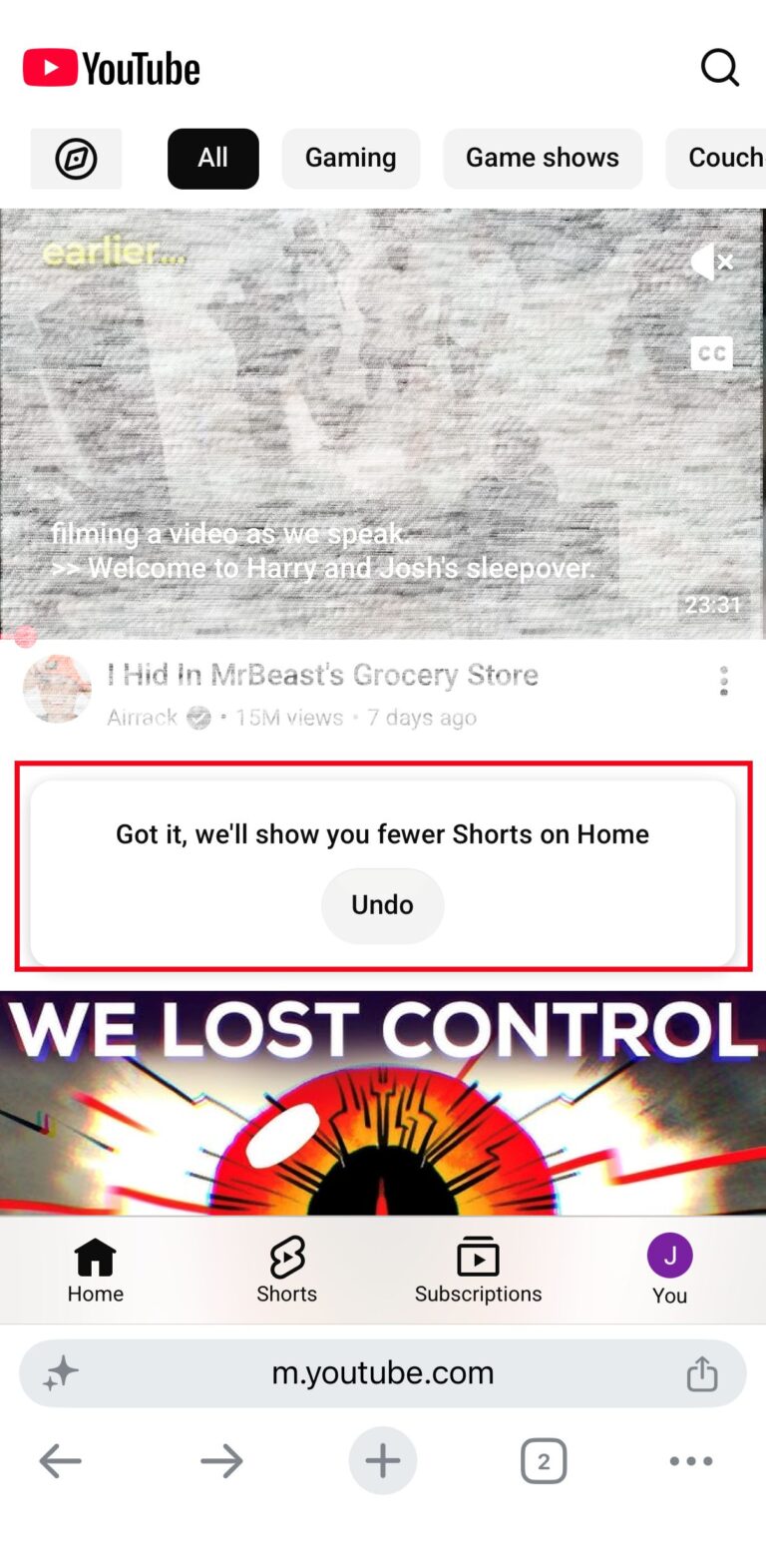 youtube show fewer shorts on homepage