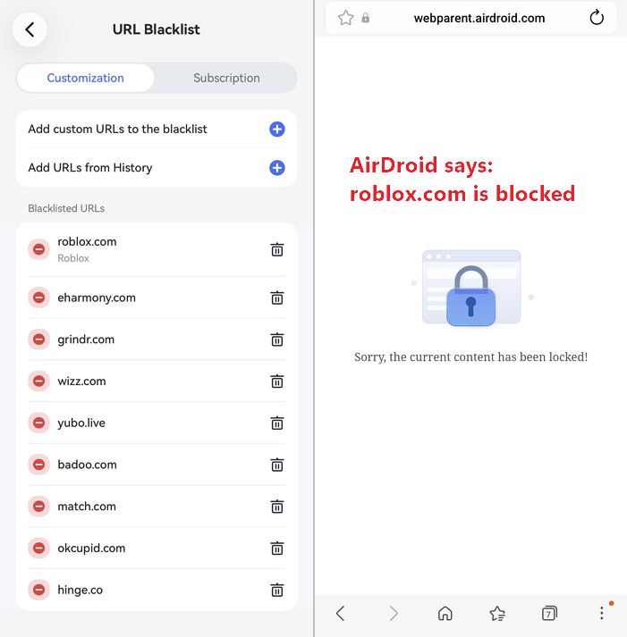 AirDroid roblox.com blocked hands-on screenshot
