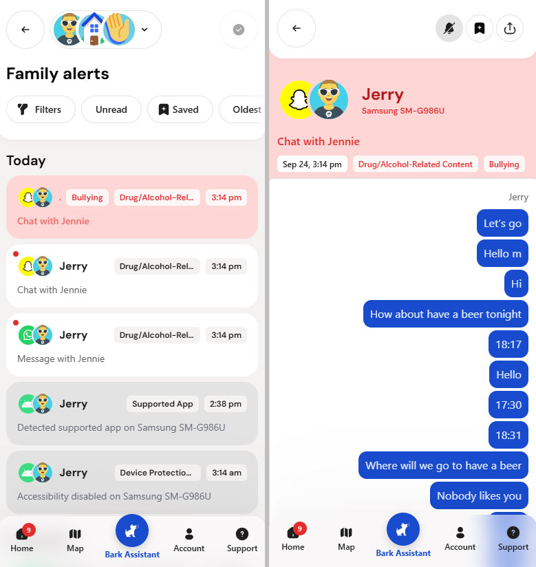 Bark Snapchat and WhatsApp alerts from our Android monitoring tests