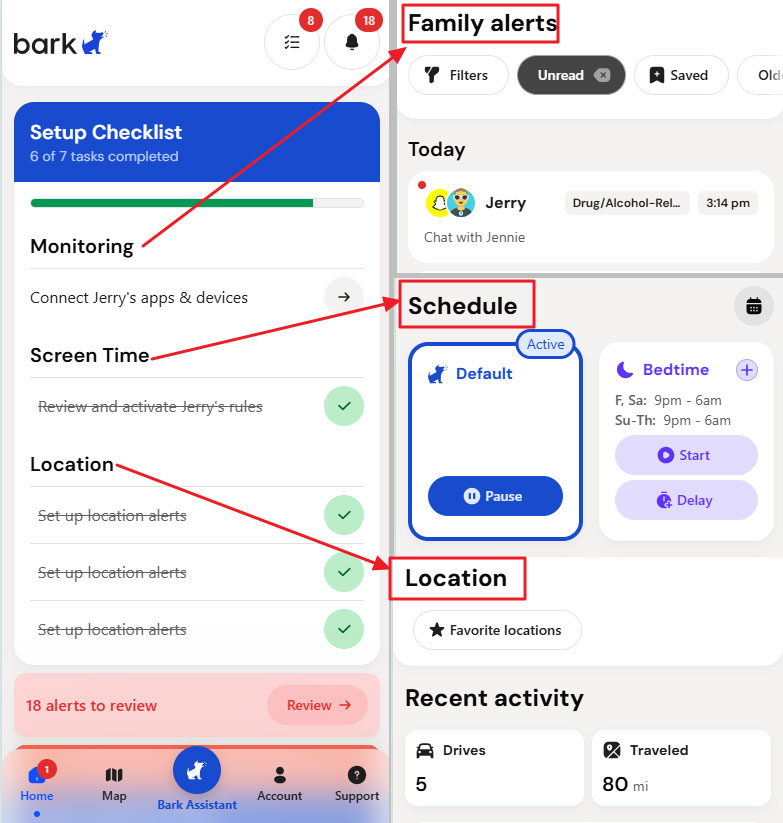 Bark parent dashboard showing monitoring, screen time rules, and location