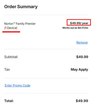 Norton Family purchase flow show 1 device $49.99 1 year