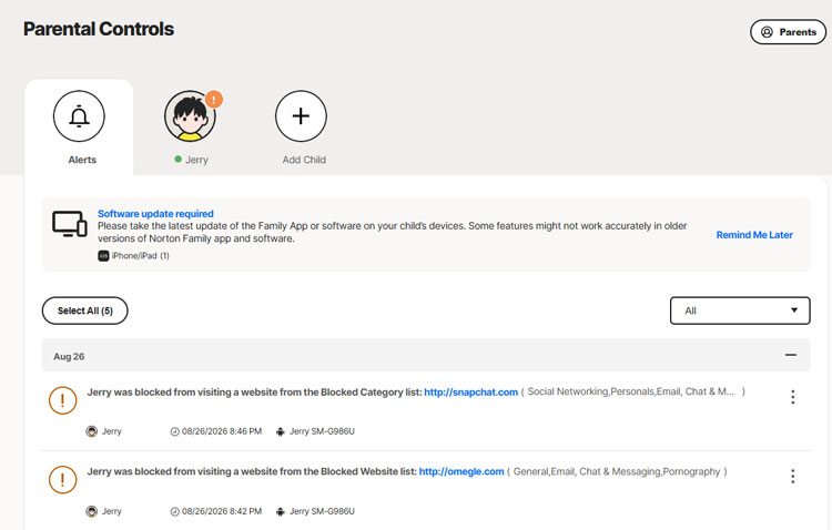 parent side received an alert after the child attempted to visit blocked websites