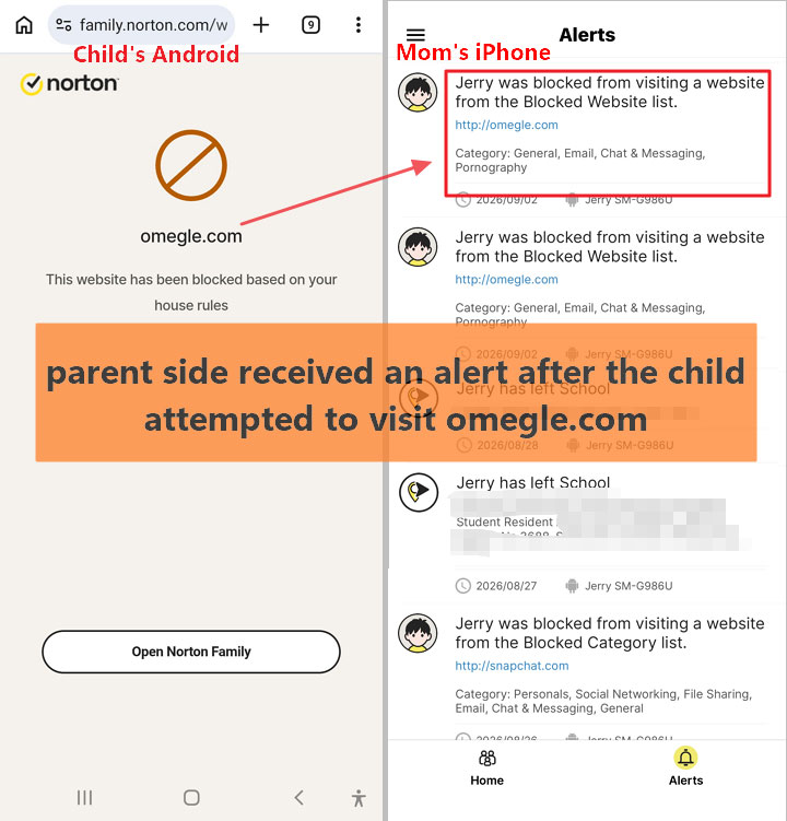 parent side received an alert after the child attempted to visit the blocked website omegle