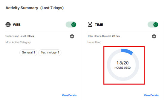 the time panel shows weekly usage and allowed hours
