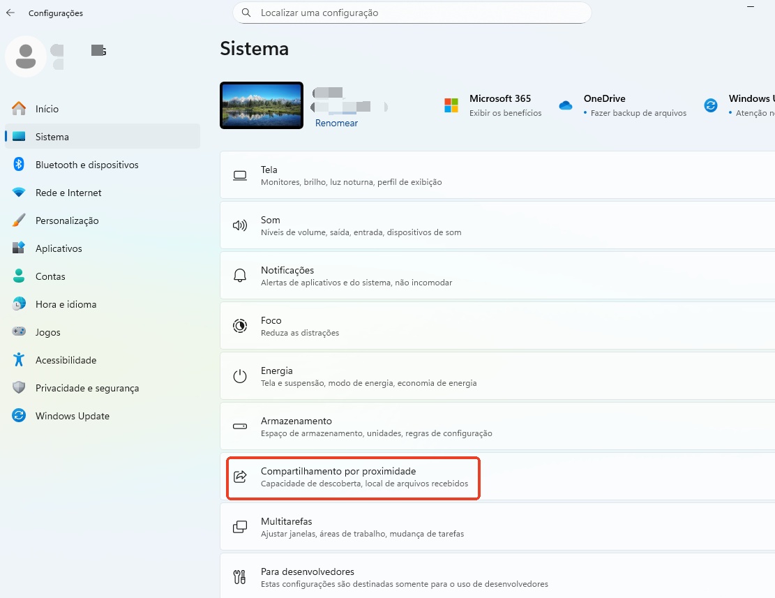 Encontrar o Compartilhamento por proximidade nas Configurações do computador