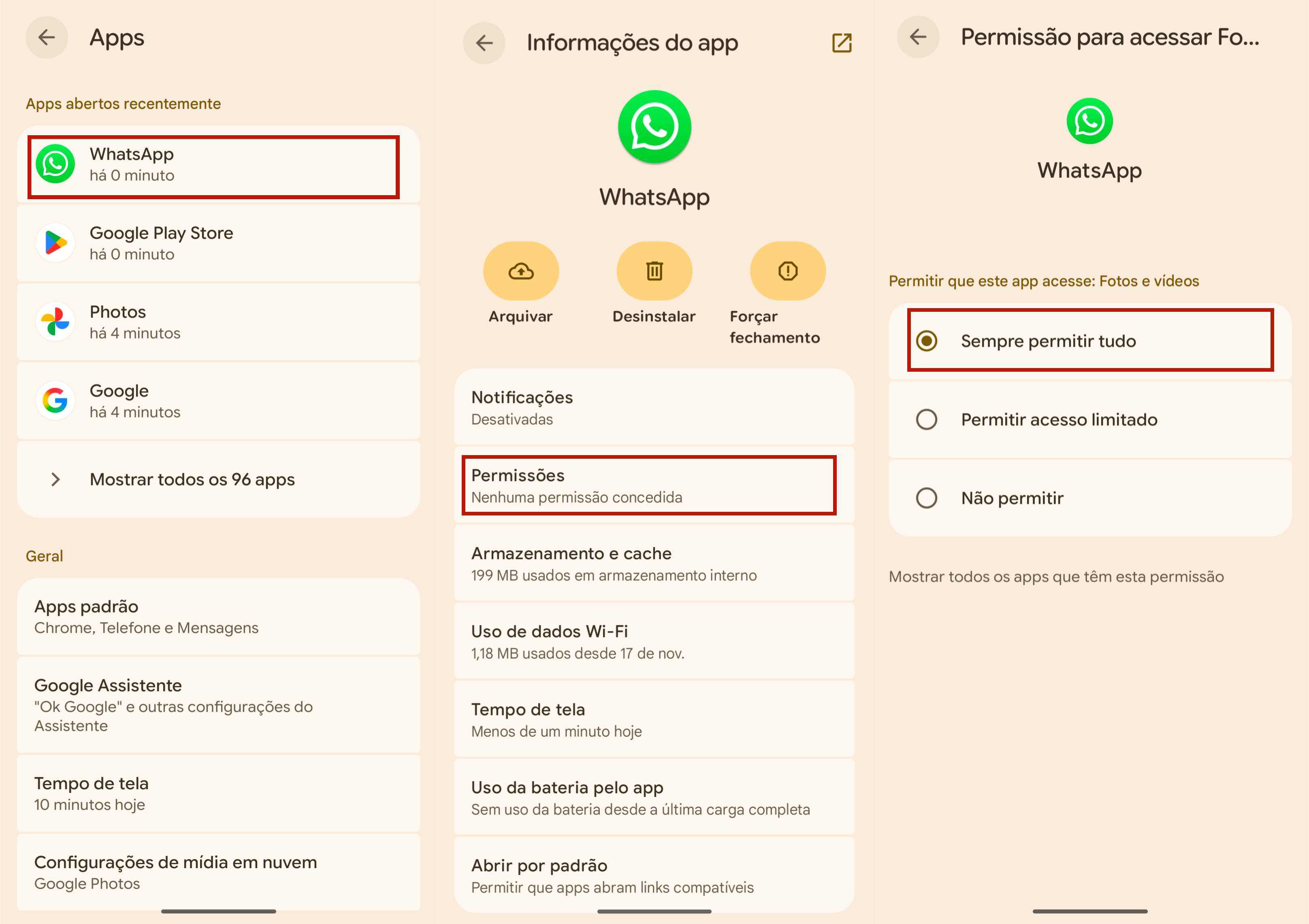 Verifique permissões do WhatsApp no Android