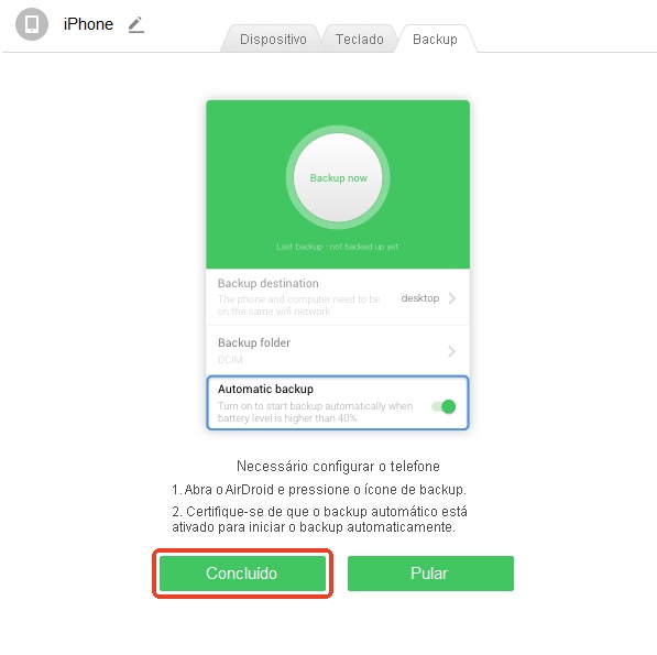 Ativar backup automático no AirDroid