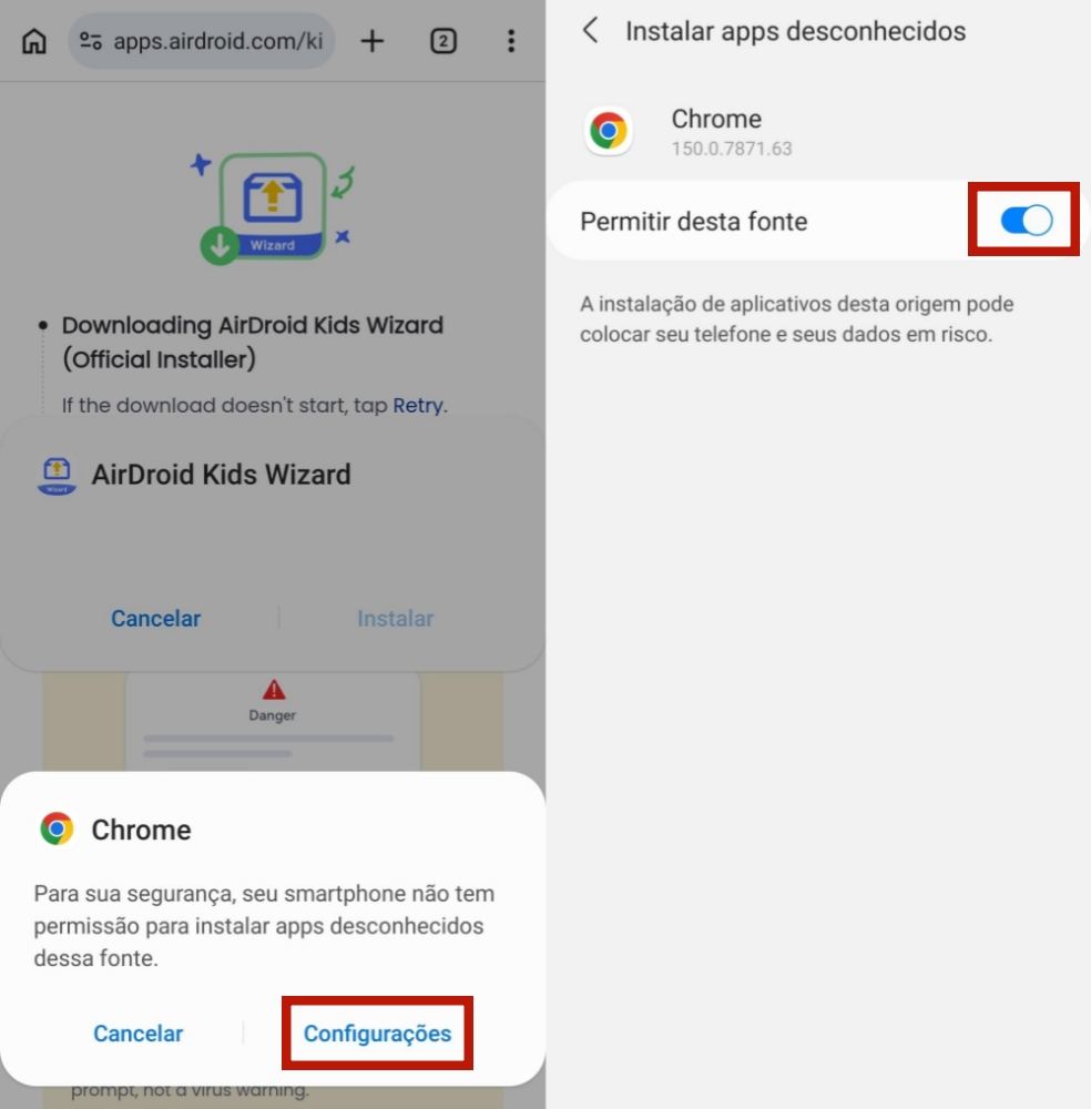 ativar permitir desta fonte para airdroid kids wizard