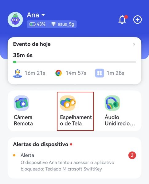 clicar em Espelhamento de Tela