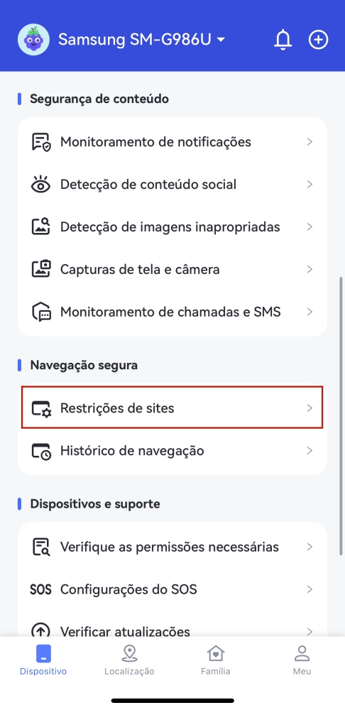 tocar em restrições de sites
