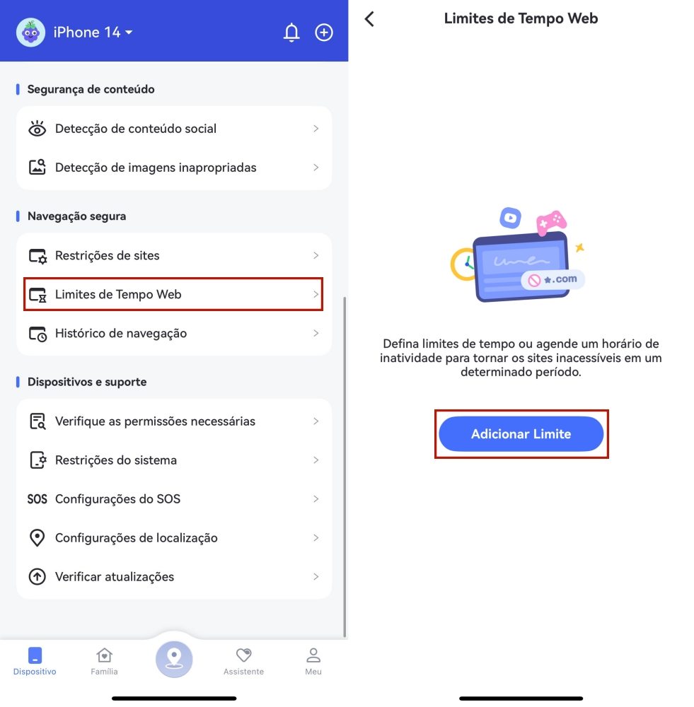 tocar em Adicionar Agendamento nos Limites de Sites para iPhone