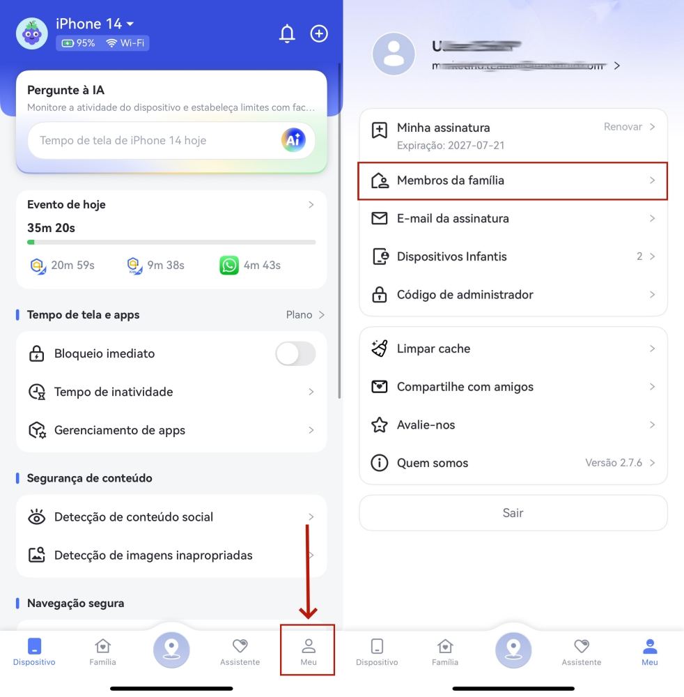 selecionar Membros da Família em Meu no iOS