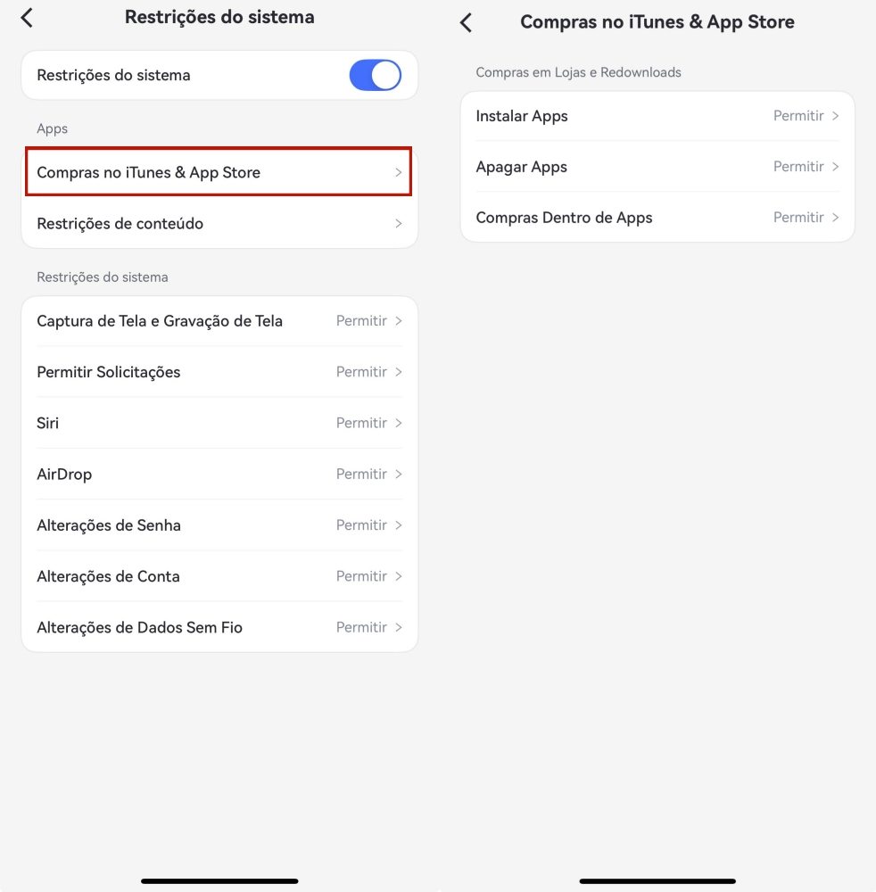 tocar em Compras no iTunes e App Store