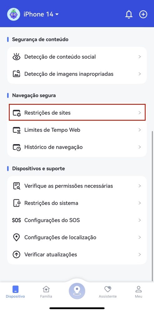 tocar em restrições de sites