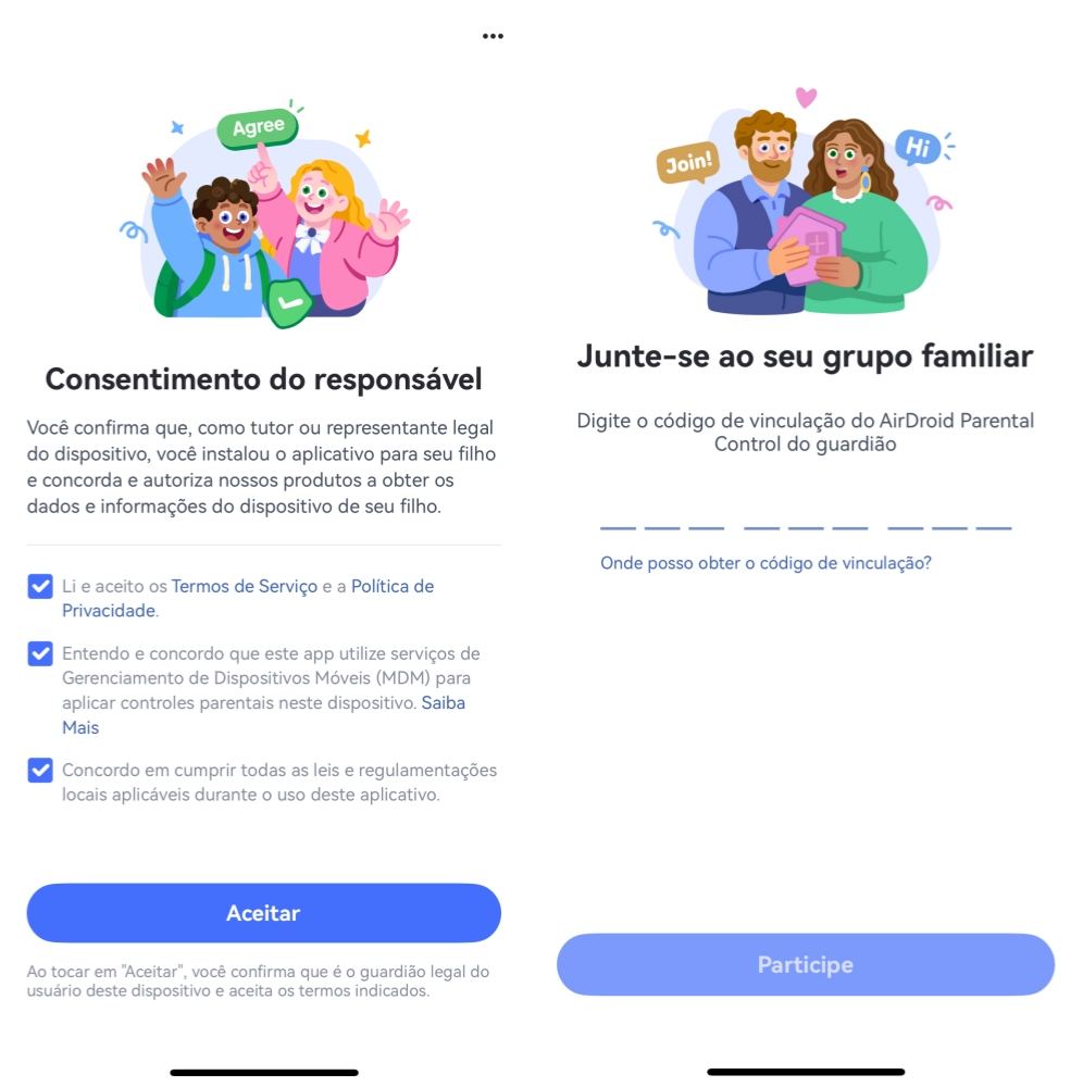 tocar em “Aceitar” e digitar o código de vinculação