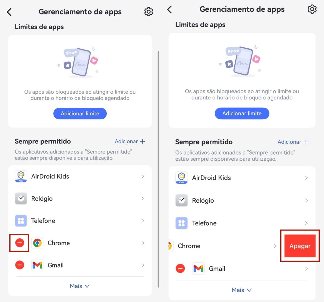 excluir aplicativos da lista de permissões