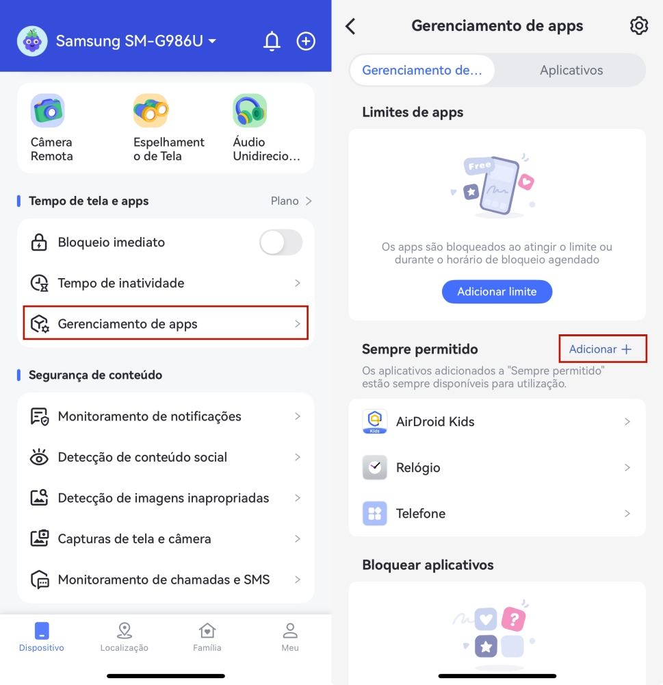 adicionar aplicativo sempre permitido no AirDroid