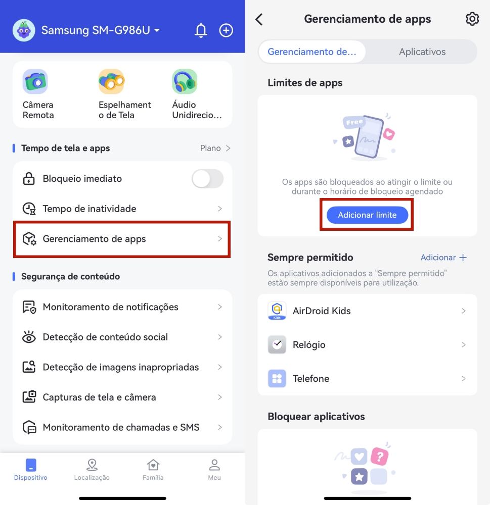 tocar em Adicionar Agendamento nos Limites de Aplicativos do AirDroid