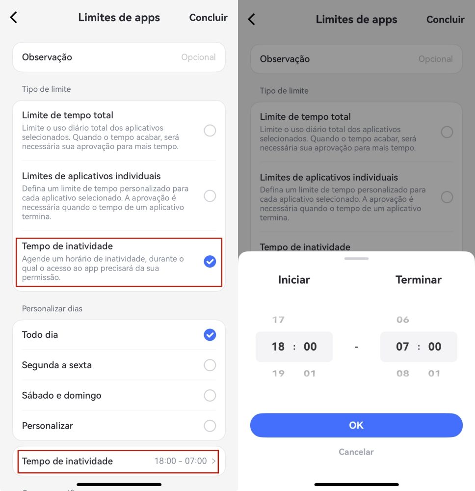definir tempo de inatividade para aplicativos
