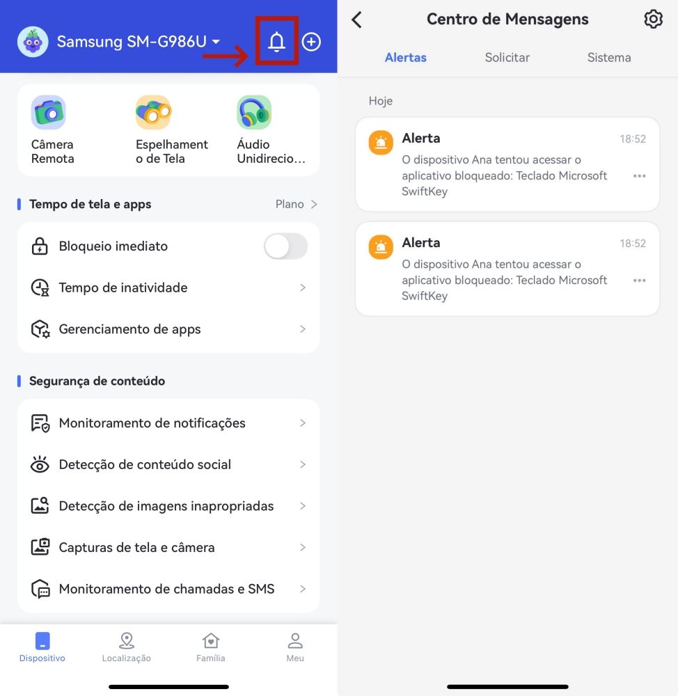 ver os registros de detecção de SMS a partir da Central de Chamadas e Mensagens