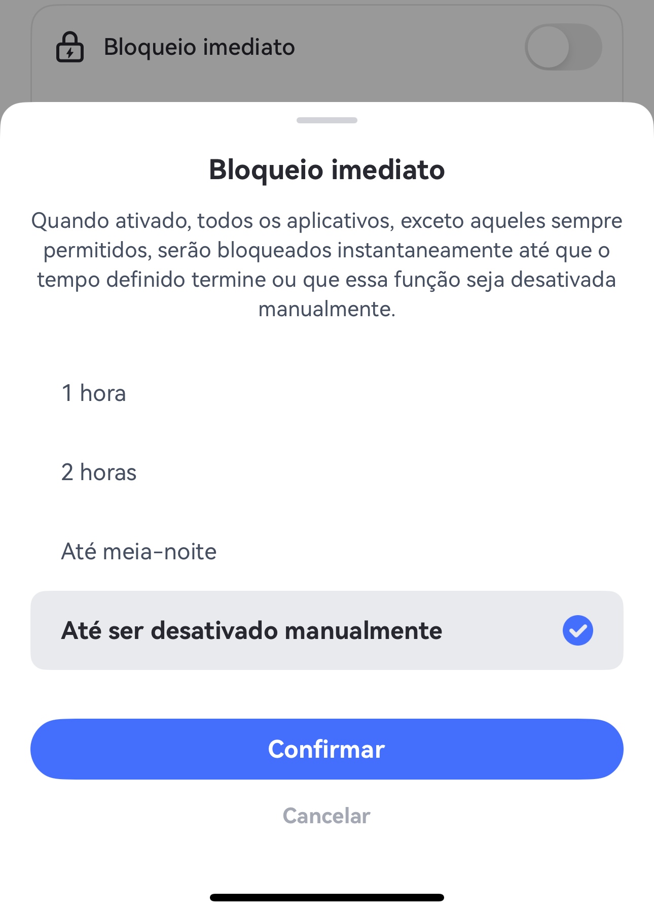 toque em Bloqueio imediato