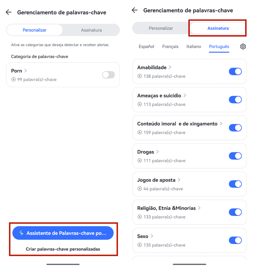 toque em gerenciamento de palavras-chave