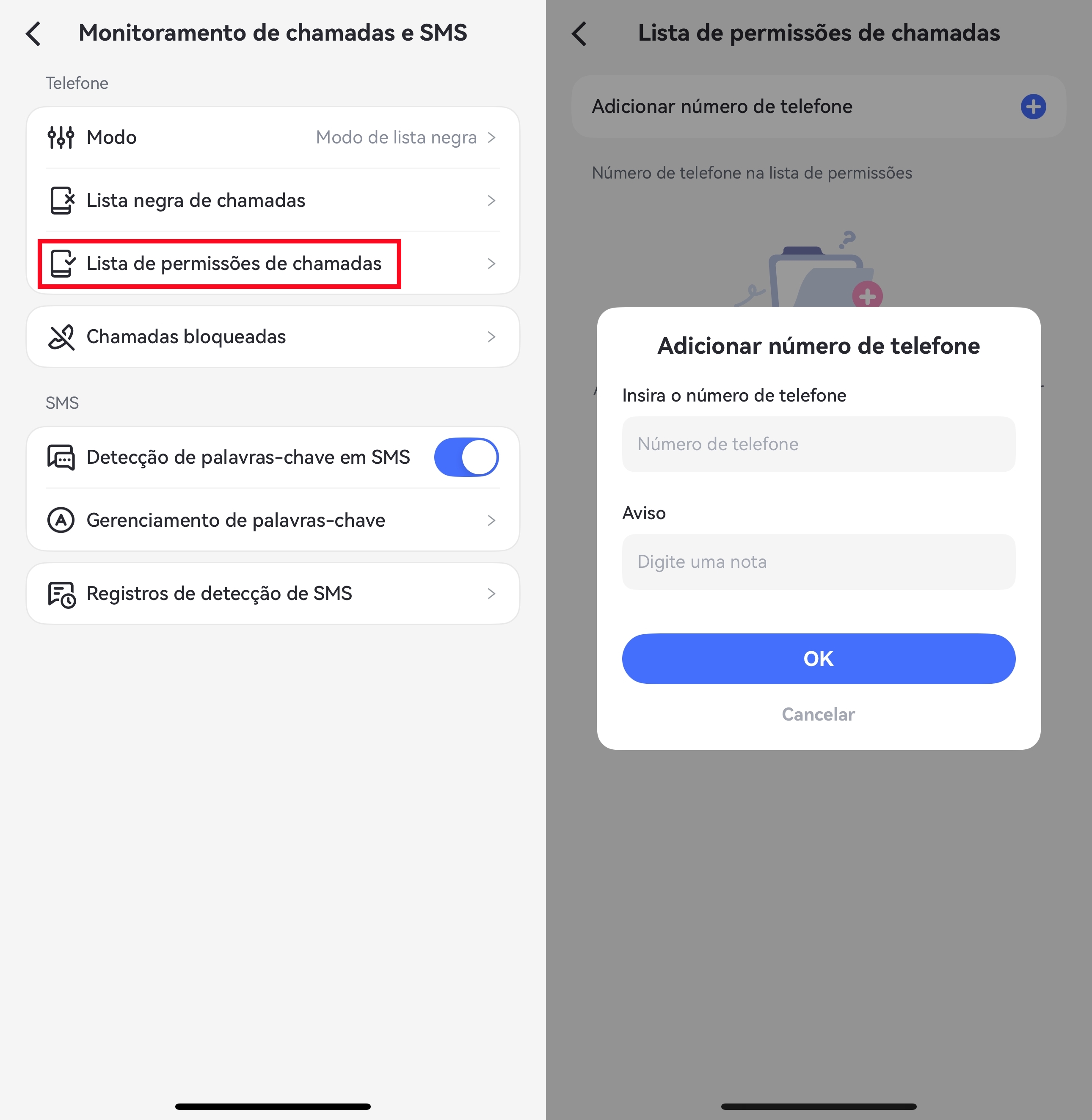 adicionar os números de telefone à lista de permissões