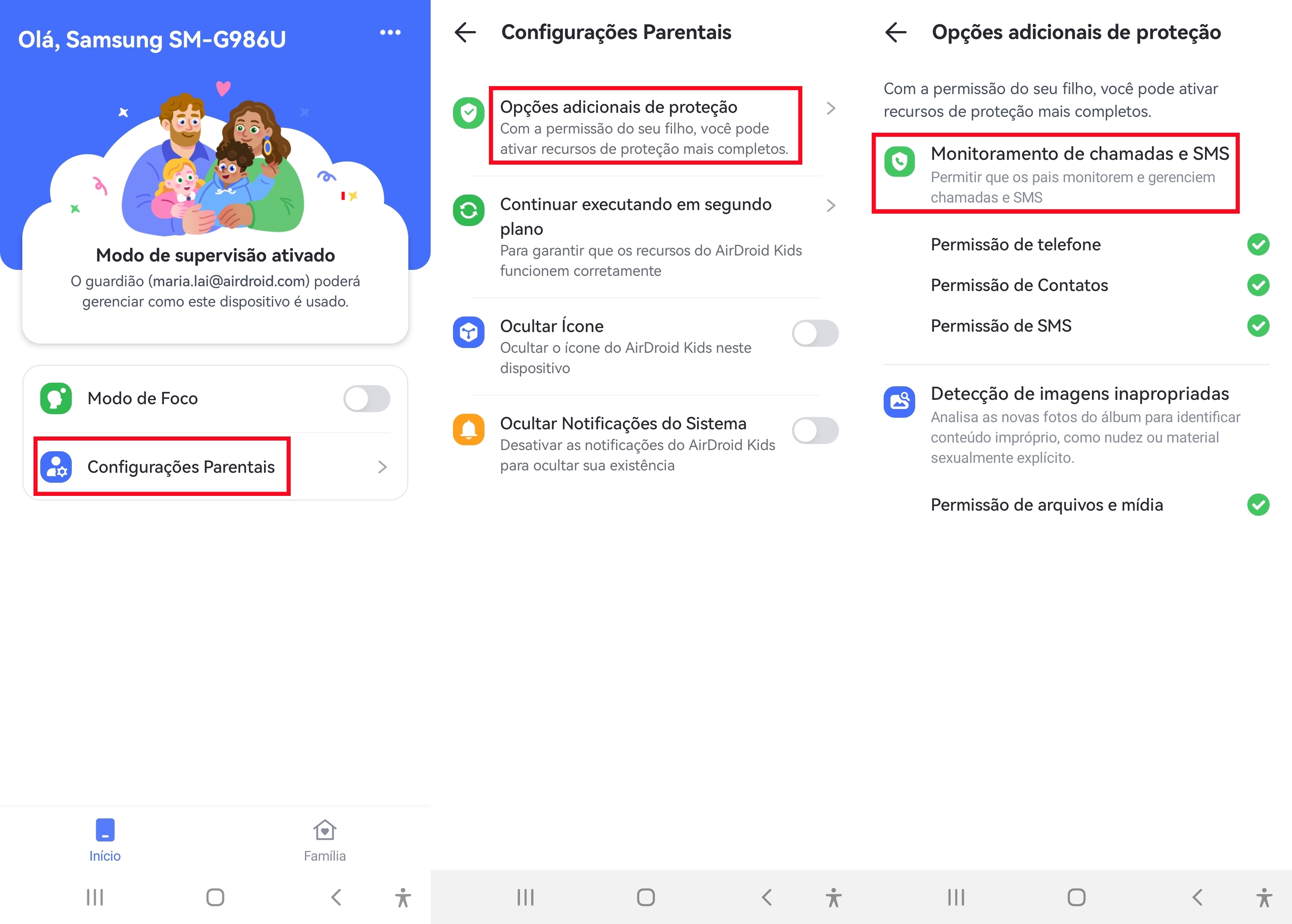 habilitar Permissões para chamadas e SMS do AirDroid Kids
