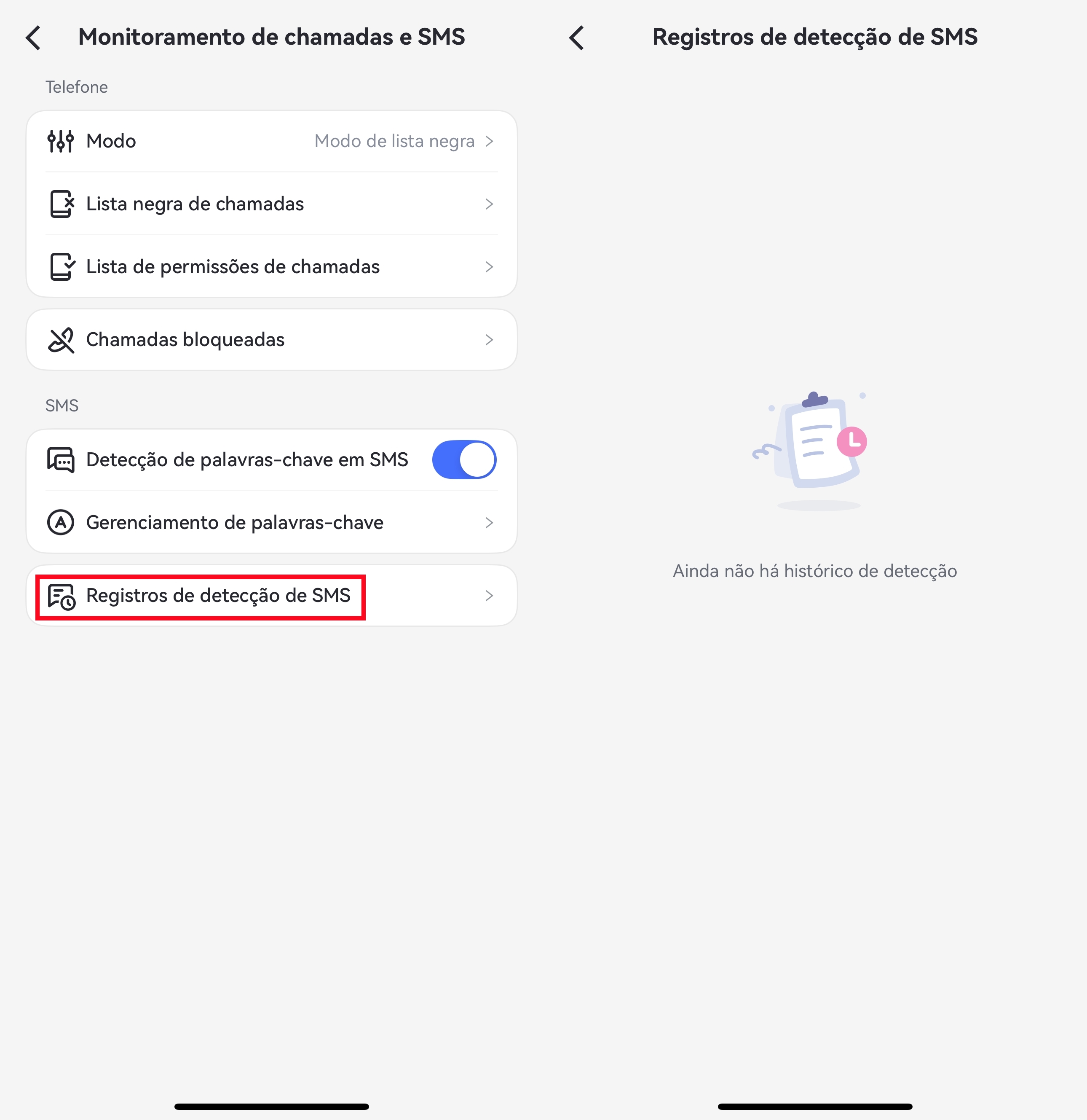 visualizar registros de detecção de SMS a partir de Monitoramento de chamadas e SMS