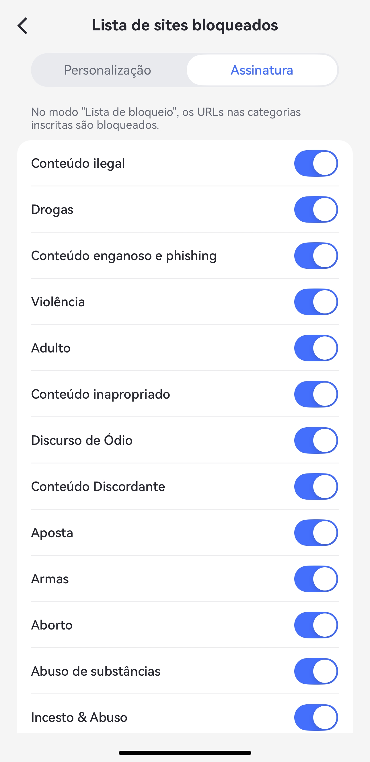 adicionar URL à lista negra por categoria