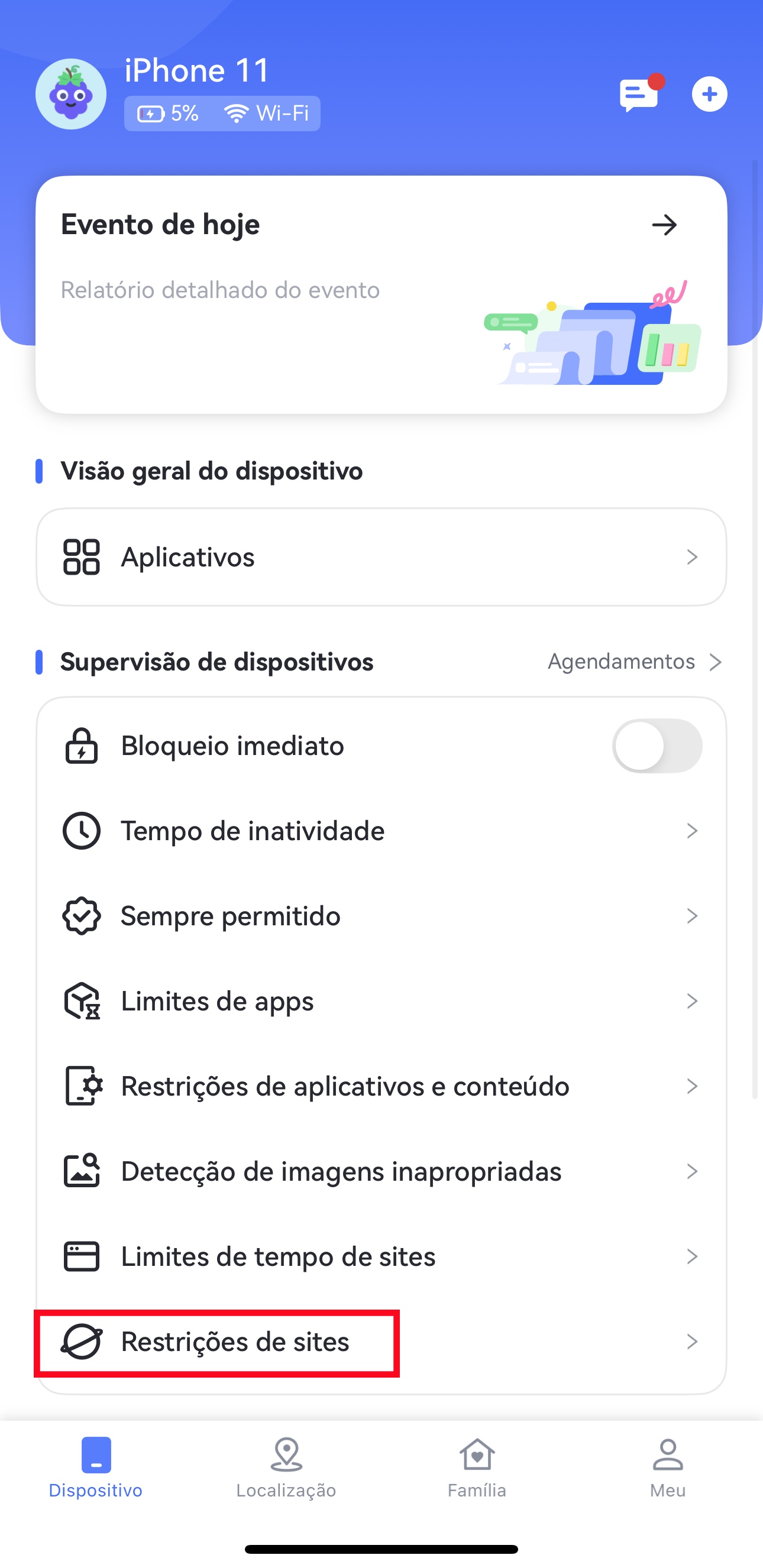 toque em restrições de sites