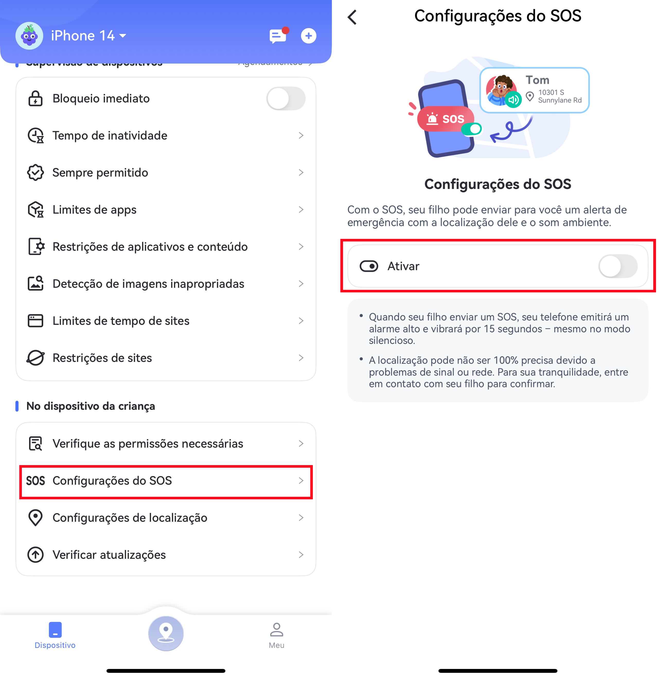 ativar configurações de SOS