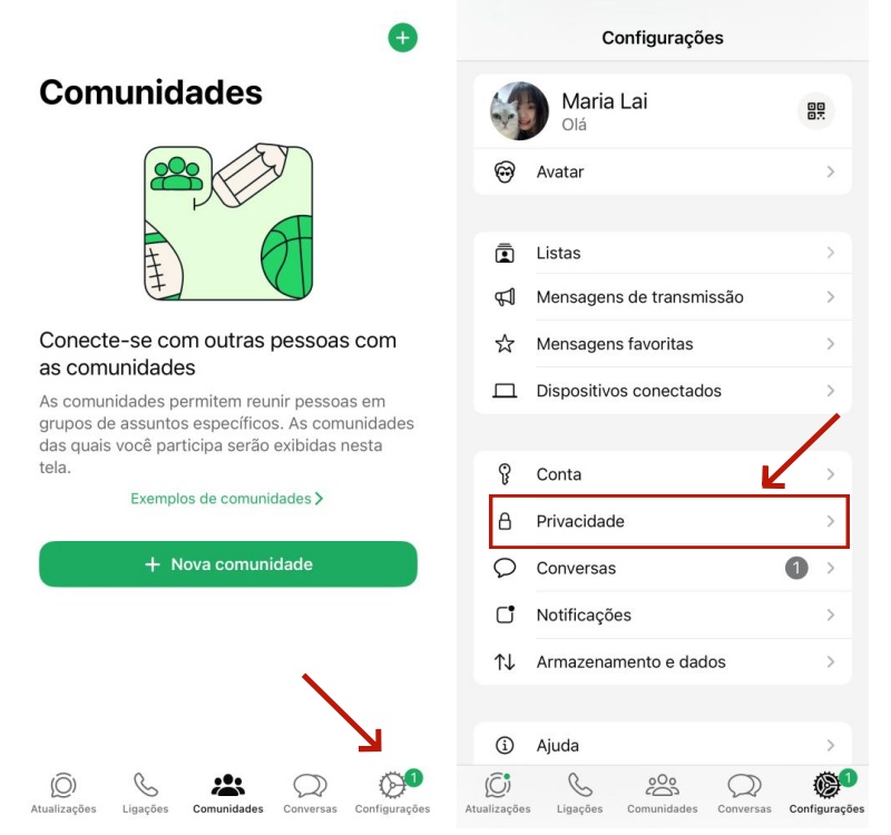 Abra as configurações de privacidade no WhatsApp no iPhone