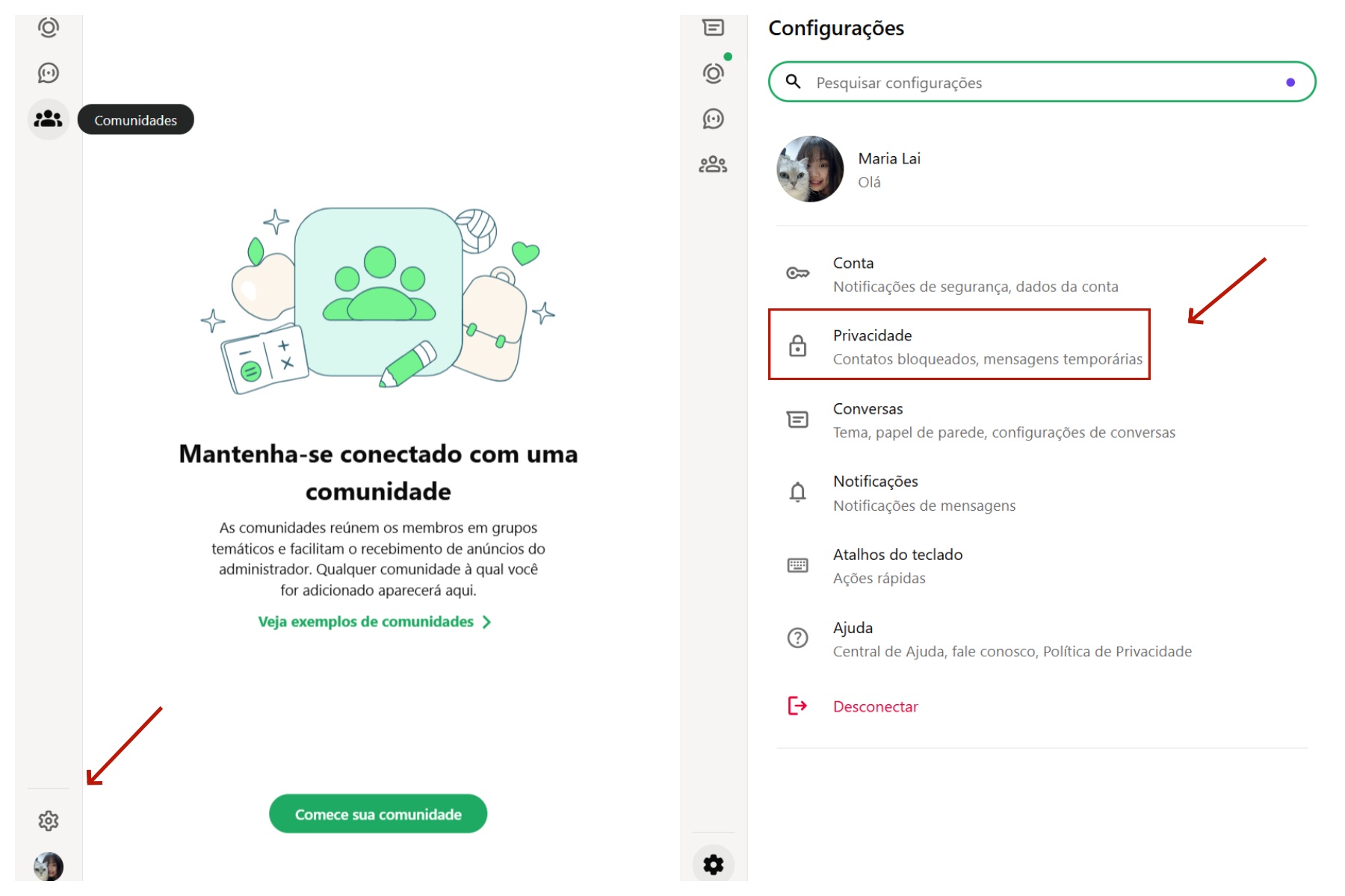 Abra as configurações de privacidade no WhatsApp no iPhone