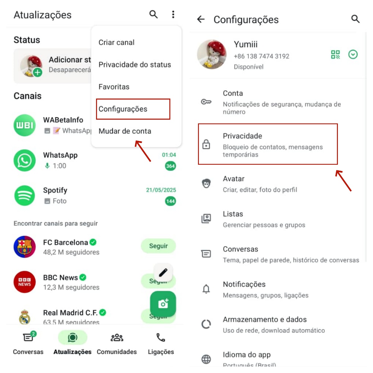Abra as configurações de privacidade no WhatsApp Android