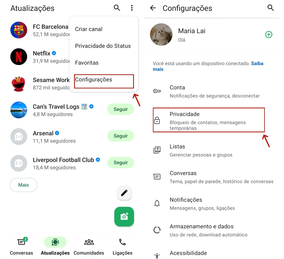 Abra as configurações de privacidade no WhatsApp Android