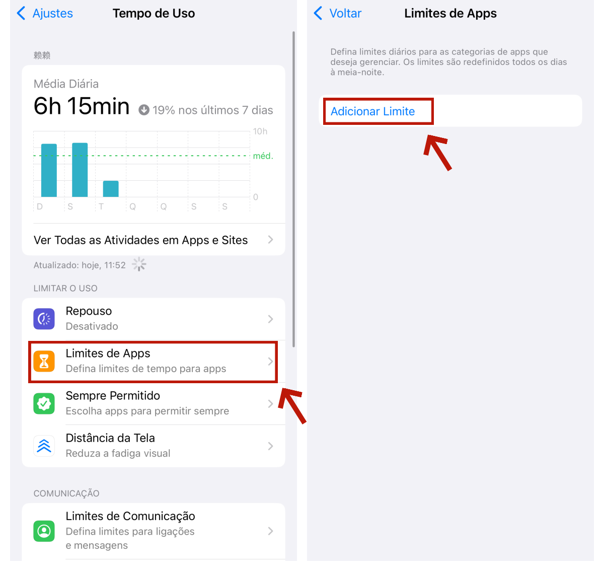 Toque em Adicionar Limite em Limites de Apps