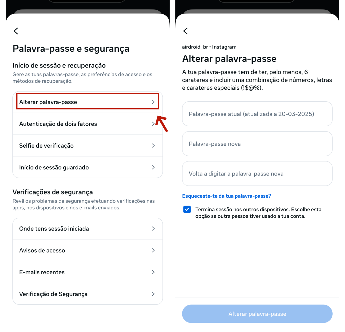 Atualizar senhas no Instagram