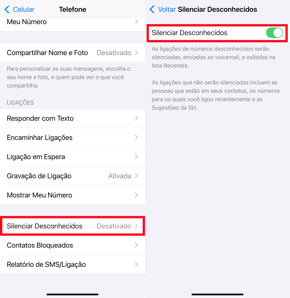 Silenciar Desconhecidos no iPhone