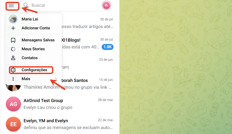 configurações do Telegram web