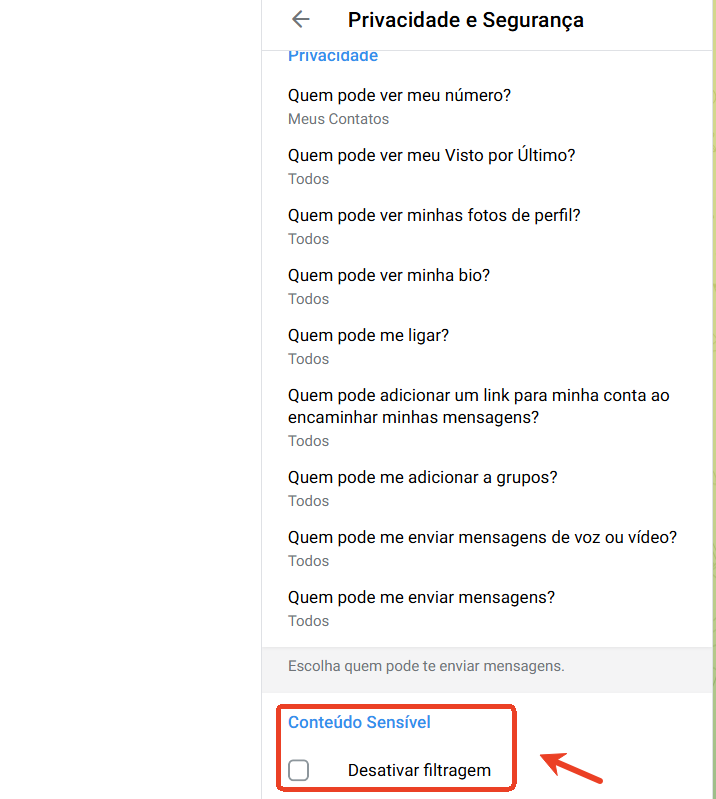 desativar conteúdo sensível no Telegram