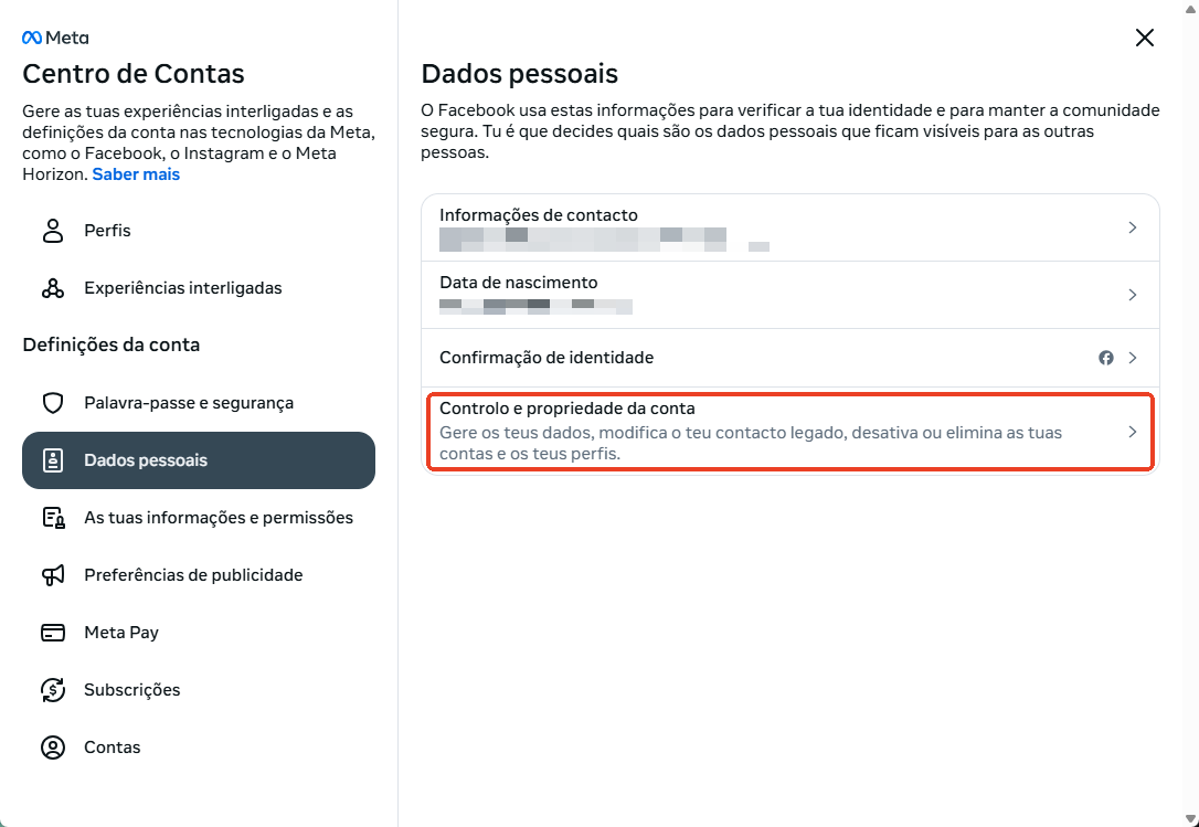 Propriedade e controle da conta no Facebook