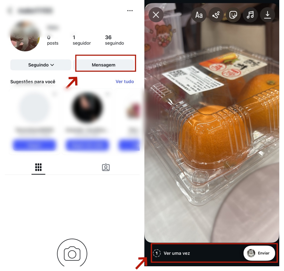 Enviar pelo perfil → botão Mensagem